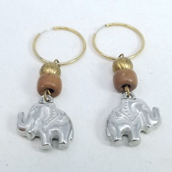 Vintage Elephant Charm Dangle Hoop Earrings, Silver Tone Beaded Boho, Estate - Picture 2 of 5